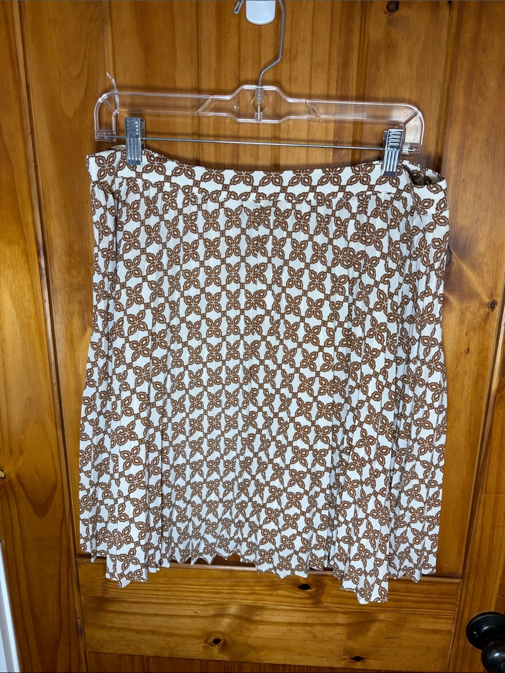 J Crew Brown White Pleated Medallion print A-Line Flowy knee length Skirt 14 New